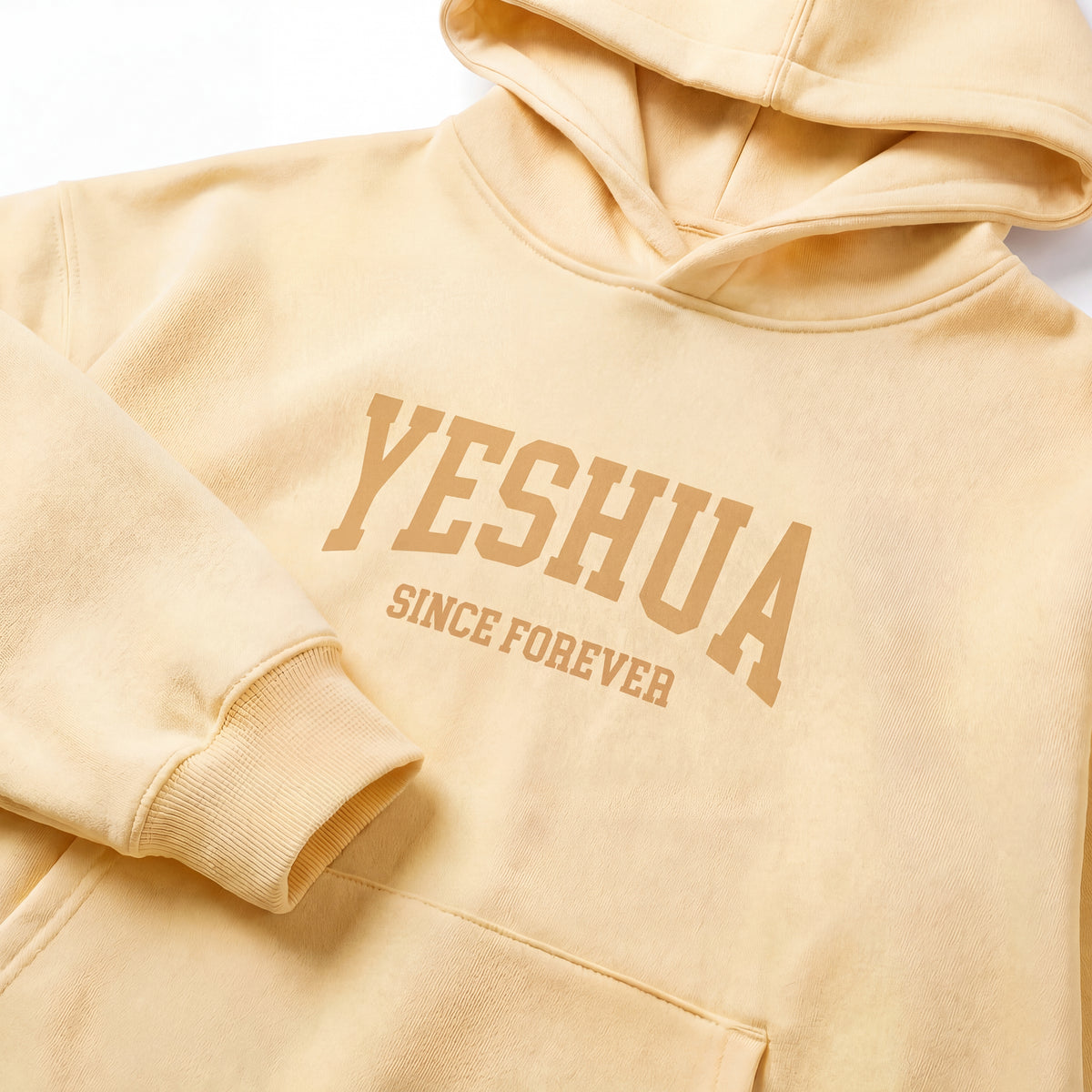 Yeshua hoodie – Gul, detaljbild av logotyp och tyg