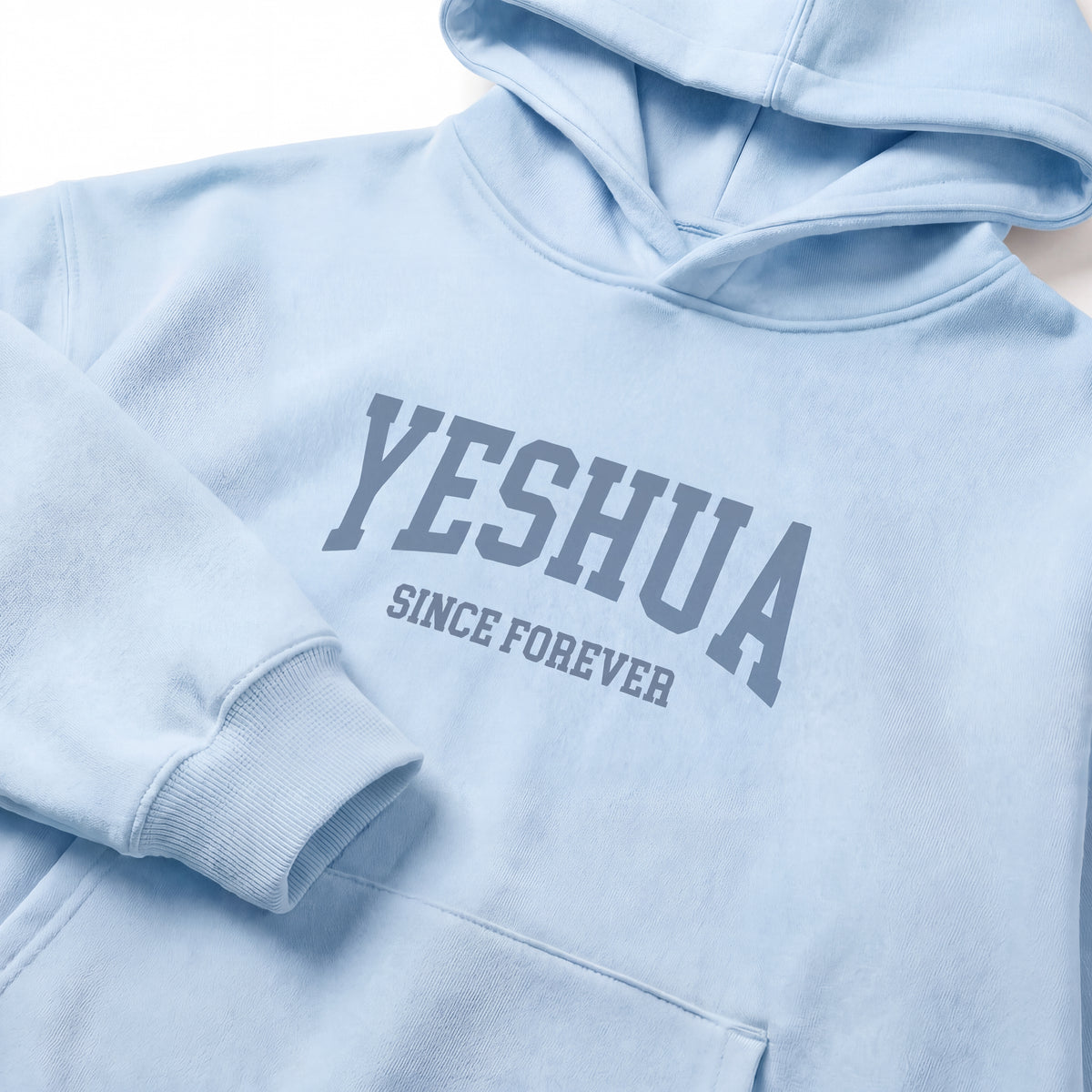 Yeshua hoodie – Ljusblå, detaljbild av logotyp och tyg