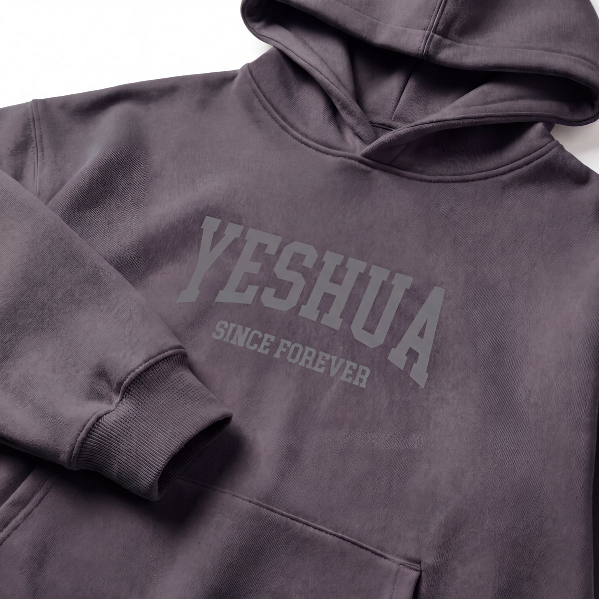Yeshua hoodie – Mörkgrå, detaljbild av logotyp och tyg